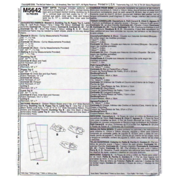 McCall's 5642 Baby Gifts Pattern Blanket, Stuffed Puppy, Lamb, Duckling Toys - Picture 2 of 2